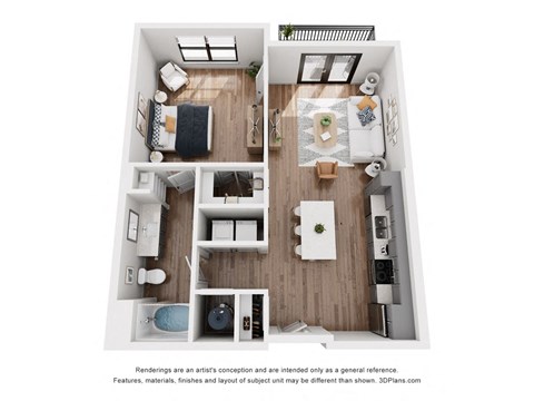 Floor plan for 1 bed, 1 bath, 735 sqft